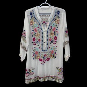 Womens Boho Sheer White Floral All Over Embroidered Tunic Top Sz S/M? White Read